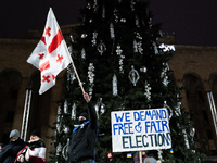 An anti-government protester holds a placard reading ''we demand free and fair elections'' during a demonstration against the Georgian gover...