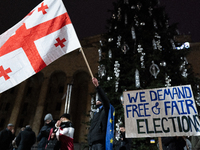 An anti-government protester holds a placard reading ''we demand free and fair elections'' during a demonstration against the Georgian gover...