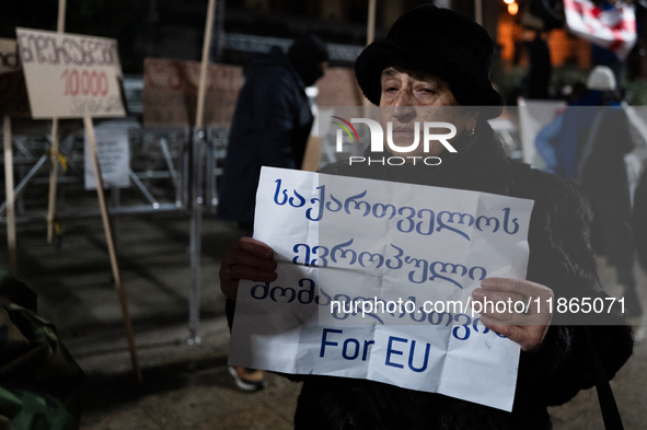 Anti-government protesters demonstrate against the Georgian government's postponement of European Union accession talks until 2028, in Tbili...