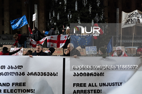 Anti-government protesters demonstrate against the Georgian government's postponement of European Union accession talks until 2028, in Tbili...