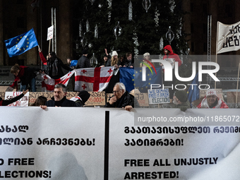 Anti-government protesters demonstrate against the Georgian government's postponement of European Union accession talks until 2028, in Tbili...