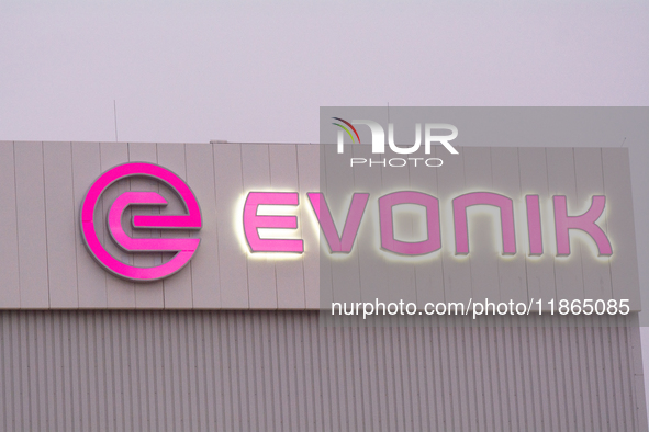 A general view of the logo of the Evonik Chemical plant in Wesseling near Cologne, Germany, on December 13, 2024, as Evonik plans to cut 7,0...