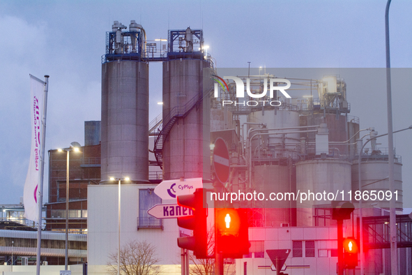 A general view of the entrance of the Evonik Chemical plant in Wesseling, near Cologne, Germany, on December 13, 2024, as Evonik plans to cu...