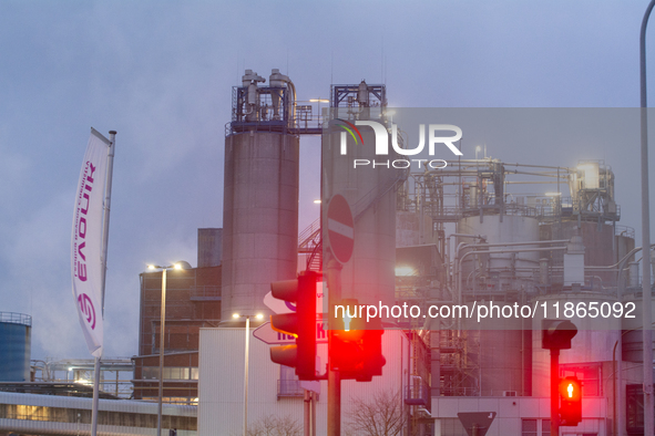 A general view of the entrance of the Evonik Chemical plant in Wesseling, near Cologne, Germany, on December 13, 2024, as Evonik plans to cu...