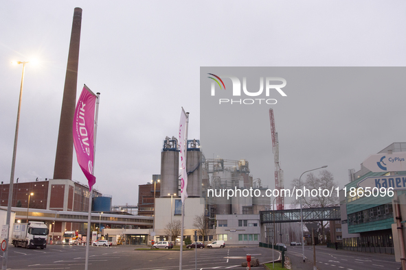 A general view of the entrance of the Evonik Chemical plant in Wesseling, near Cologne, Germany, on December 13, 2024, as Evonik plans to cu...