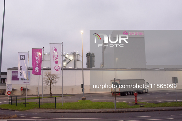 A general view of the entrance of the Evonik Chemical plant in Wesseling, near Cologne, Germany, on December 13, 2024, as Evonik plans to cu...