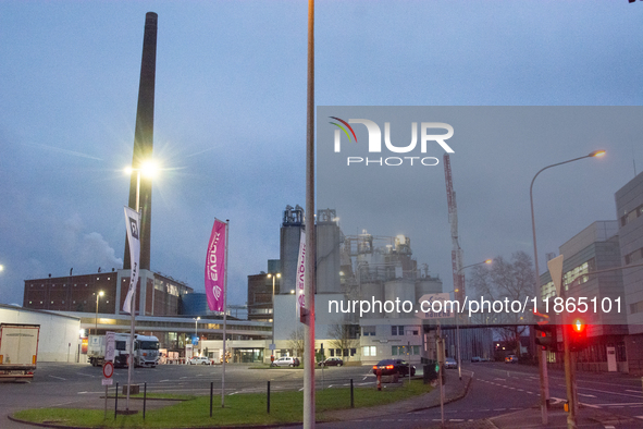 A general view of the entrance of the Evonik Chemical plant in Wesseling, near Cologne, Germany, on December 13, 2024, as Evonik plans to cu...