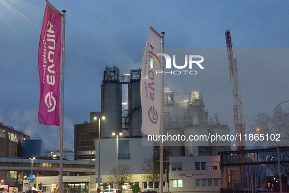 A general view of the entrance of the Evonik Chemical plant in Wesseling, near Cologne, Germany, on December 13, 2024, as Evonik plans to cu...