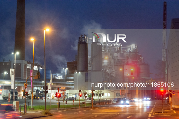 A general view of the entrance of the Evonik Chemical plant in Wesseling, near Cologne, Germany, on December 13, 2024, as Evonik plans to cu...