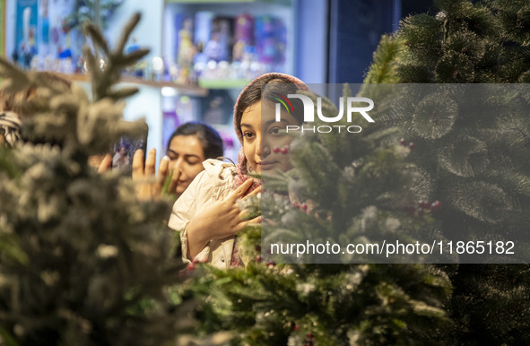 A young Iranian woman stands next to a Christmas tree during Christmas shopping in downtown Tehran, Iran, on December 13, 2024. Iranian-Chri...