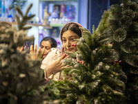 A young Iranian woman stands next to a Christmas tree during Christmas shopping in downtown Tehran, Iran, on December 13, 2024. Iranian-Chri...