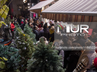 A crowd walks past Christmas trees being placed on a sidewalk and shops decorated for Christmas shopping in downtown Tehran, Iran, on Decemb...