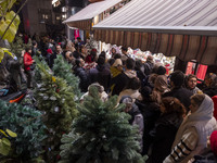 A crowd walks past Christmas trees being placed on a sidewalk and shops decorated for Christmas shopping in downtown Tehran, Iran, on Decemb...