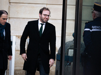 Antoine Armand, the resigned Minister for the Economy, Finance, and Industry, arrives at the handover ceremony between Michel Barnier, the o...