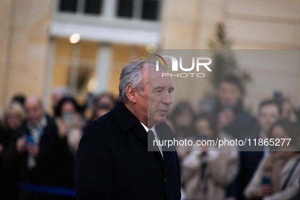 Francois Bayrou, the new Prime Minister, arrives at the handover ceremony between Michel Barnier, the outgoing Prime Minister, and Francois...