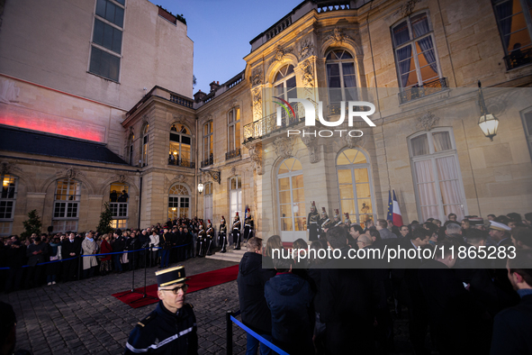 View of the Matignon entrance during the handover ceremony between Michel Barnier, the outgoing Prime Minister, and Francois Bayrou, the new...