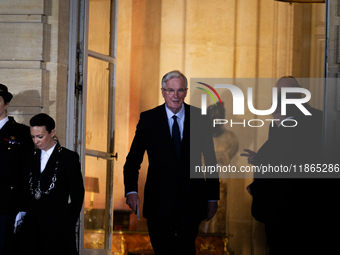 In Paris, France, on December 13, 2024, Michel Barnier, the resigning Prime Minister, is seen during the handover ceremony between Michel Ba...