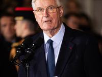 In Paris, France, on December 13, 2024, Michel Barnier, the resigning Prime Minister, speaks during the handover ceremony between himself, t...