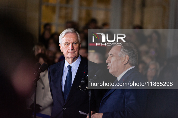 Francois Bayrou speaks during the handover ceremony between Michel Barnier, the outgoing Prime Minister, and Francois Bayrou, the new French...