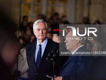 Francois Bayrou speaks during the handover ceremony between Michel Barnier, the outgoing Prime Minister, and Francois Bayrou, the new French...