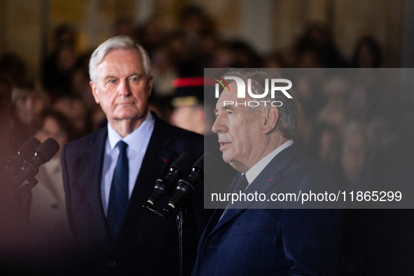 Francois Bayrou speaks during the handover ceremony between Michel Barnier, the outgoing Prime Minister, and Francois Bayrou, the new French...