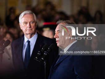 Francois Bayrou speaks during the handover ceremony between Michel Barnier, the outgoing Prime Minister, and Francois Bayrou, the new French...