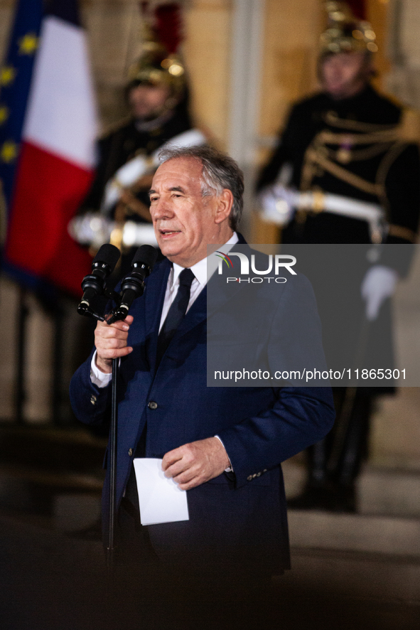 Francois Bayrou speaks during the handover ceremony between Michel Barnier, the outgoing Prime Minister, and Francois Bayrou, the new French...