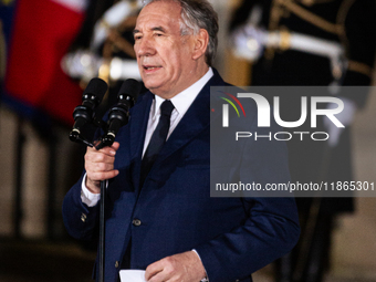 Francois Bayrou speaks during the handover ceremony between Michel Barnier, the outgoing Prime Minister, and Francois Bayrou, the new French...