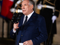 Francois Bayrou speaks during the handover ceremony between Michel Barnier, the outgoing Prime Minister, and Francois Bayrou, the new French...