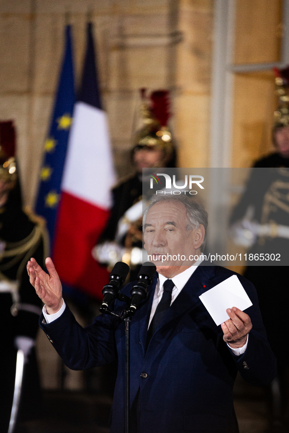 Francois Bayrou speaks during the handover ceremony between Michel Barnier, the outgoing Prime Minister, and Francois Bayrou, the new French...