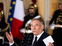 Francois Bayrou speaks during the handover ceremony between Michel Barnier, the outgoing Prime Minister, and Francois Bayrou, the new French...