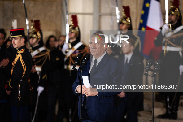 Francois Bayrou is seen at the end of the handover ceremony between Michel Barnier, the outgoing Prime Minister, and Francois Bayrou, the ne...