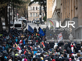 On December 14, 2024, in Tbilisi, Georgia, anti-government protesters gather during a demonstration against the Georgian government's postpo...