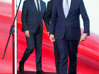 Mariusz Blaszczak,atryk Jaki (MEP), Mateusz Morawiecki   during press conference of the right-wing Law and Justice (PiS) party, in Warsaw, P...