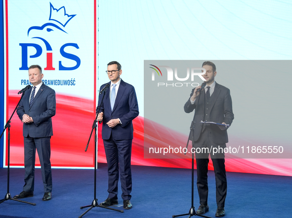 Mariusz Blaszczak, Mateusz Morawiecki, Patryk Jaki (MEP)  during press conference of the right-wing Law and Justice (PiS) party, in Warsaw,...