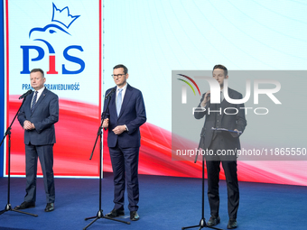 Mariusz Blaszczak, Mateusz Morawiecki, Patryk Jaki (MEP)  during press conference of the right-wing Law and Justice (PiS) party, in Warsaw,...