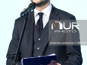 Patryk Jaki (MEP) during press conference of the right-wing Law and Justice (PiS) party, in Warsaw, Poland on December 13, 2024. (