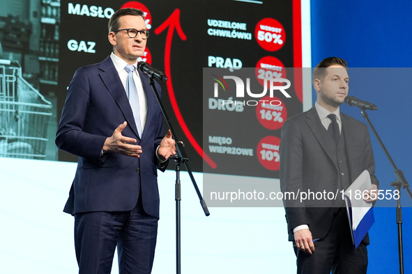 Mateusz Morawiecki, Patryk Jaki (MEP)  during press conference of the right-wing Law and Justice (PiS) party, in Warsaw, Poland on December...