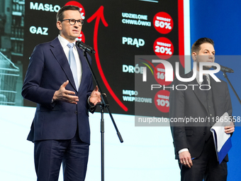 Mateusz Morawiecki, Patryk Jaki (MEP)  during press conference of the right-wing Law and Justice (PiS) party, in Warsaw, Poland on December...