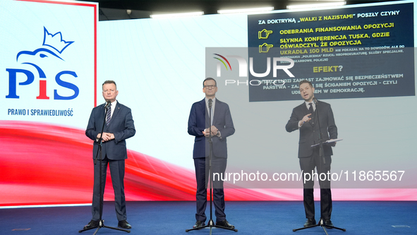 Mariusz Blaszczak, Mateusz Morawiecki, Patryk Jaki (MEP)  during press conference of the right-wing Law and Justice (PiS) party, in Warsaw,...