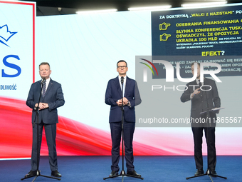 Mariusz Blaszczak, Mateusz Morawiecki, Patryk Jaki (MEP)  during press conference of the right-wing Law and Justice (PiS) party, in Warsaw,...