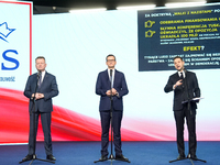 Mariusz Blaszczak, Mateusz Morawiecki, Patryk Jaki (MEP)  during press conference of the right-wing Law and Justice (PiS) party, in Warsaw,...