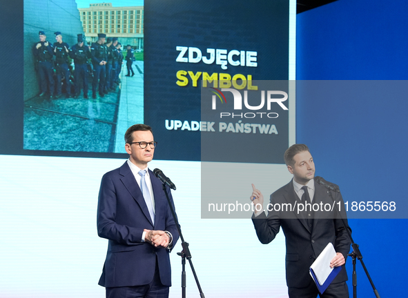 Mateusz Morawiecki, Patryk Jaki (MEP)  during press conference of the right-wing Law and Justice (PiS) party, in Warsaw, Poland on December...