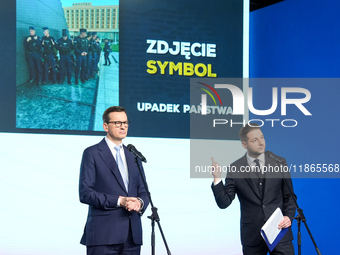 Mateusz Morawiecki, Patryk Jaki (MEP)  during press conference of the right-wing Law and Justice (PiS) party, in Warsaw, Poland on December...