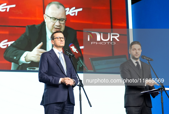 Mateusz Morawiecki, Patryk Jaki (MEP) during press conference of the right-wing Law and Justice (PiS) party, in Warsaw, Poland on December 1...