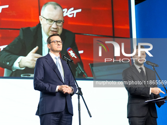 Mateusz Morawiecki, Patryk Jaki (MEP) during press conference of the right-wing Law and Justice (PiS) party, in Warsaw, Poland on December 1...