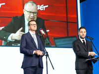 Mateusz Morawiecki, Patryk Jaki (MEP) during press conference of the right-wing Law and Justice (PiS) party, in Warsaw, Poland on December 1...