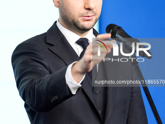 Patryk Jaki (MEP) during press conference of the right-wing Law and Justice (PiS) party, in Warsaw, Poland on December 13, 2024. (