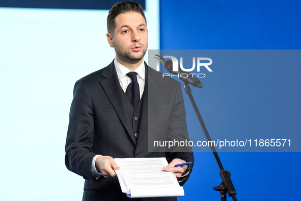 Patryk Jaki (MEP) during press conference of the right-wing Law and Justice (PiS) party, in Warsaw, Poland on December 13, 2024. 