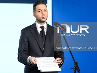 Patryk Jaki (MEP) during press conference of the right-wing Law and Justice (PiS) party, in Warsaw, Poland on December 13, 2024. (